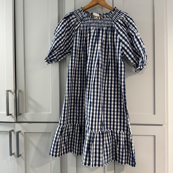 NWOT LAKE Veranda Dress Navy Gingham Smocked Puff Sleeve Tiered Hem Medium - Picture 1 of 7